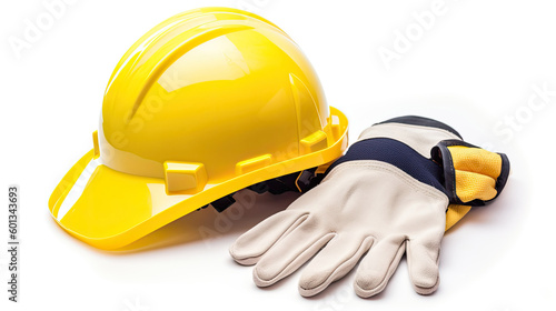 close up on a yellow hard hat and safety gloves with Generative AI Technology