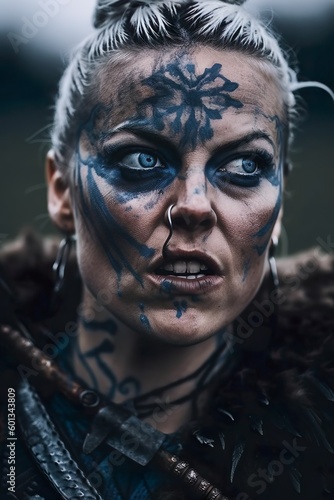 Warrior's Gaze: Impressive Portrait from a Dark Era - Viking Shield Maiden in Battle Attire, Generative AI