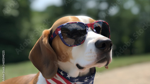 Panting Beagle outside wearing fun patriotic sunglasses 4th of july with Generative AI Technology © LightoLife