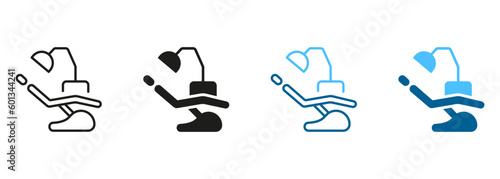 Dental Chair, Dentistry Clinic Equipment Silhouette and Line Icon Set. Teeth Treatment in Hospital Pictogram. Oral Surgery Medicine Color and Black Symbol. Health Exam. Isolated Vector Illustration