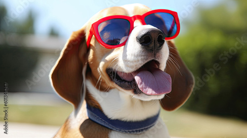 Panting Beagle dog outside wearing fun red glasses isolated on white background with Generative AI Technology
