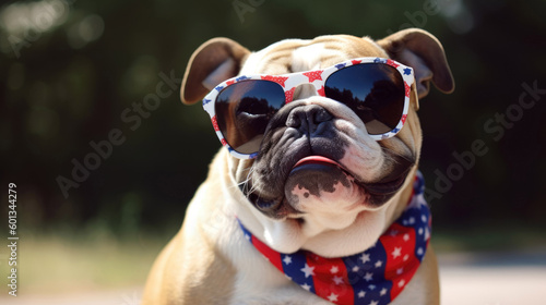 Panting Bulldog dog outside wearing fun patriotic sunglasses 4th of july with Generative AI Technology