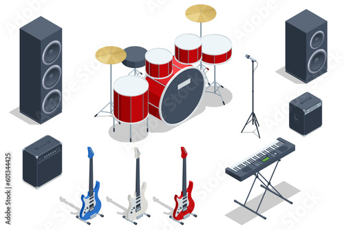 Isometric set of musical instrument Synthesizer analog sound, Drum kit with drums and cymbals and Acoustic and Electric Guitar Musical Instruments, and combo amp near