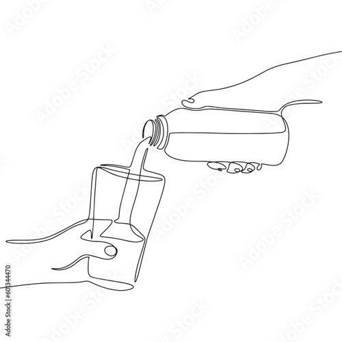 Water from bottle to glass. One line continuous pour milk to glass. Line art glass and bottle in hands. Outline vector illustration.