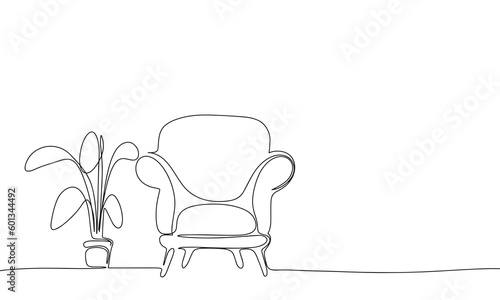 Armchair and home plant isolated on white background. One line continuous interior of room. Line art armchair. Outline, vector illustration.