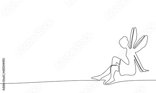 Little girl fairy with wings. One line continuous fairy. Line art little girl with wings, outline vector illustration.