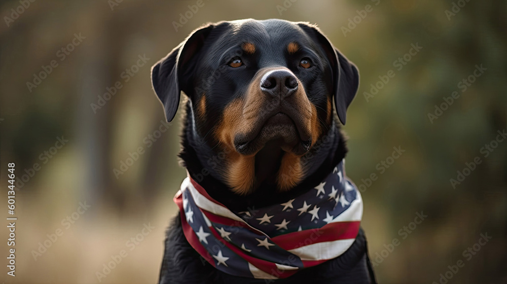Panting Rottweiler outside wearing an american Bandana 4th of july with Generative AI Technology