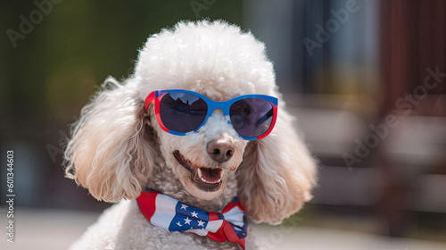 Panting Poodle dog outside wearing fun patriotic sunglasses 4th of july with Generative AI Technology © LightoLife