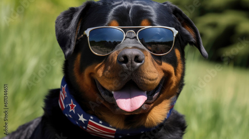 Panting Rottweiler outside wearing fun patriotic bandana 4th of july with Generative AI Technology © LightoLife