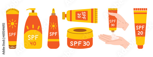 Sunscreen set. Collection of lotions with SPF. Skin protection from sun. Bottles, tubes with sunblock, hands with cream. Summer cosmetic in red and yellow colors. Set of sunscreen skin care products.