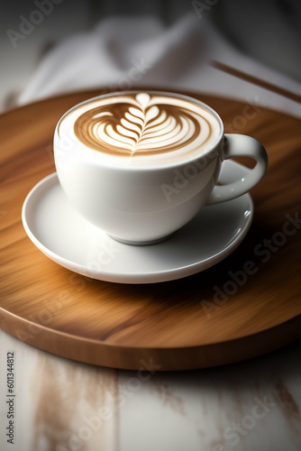 A cup of coffee on a wooden tray