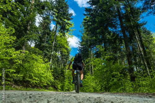 Man on mtb bike ride trough lush forest at spring © marcin jucha