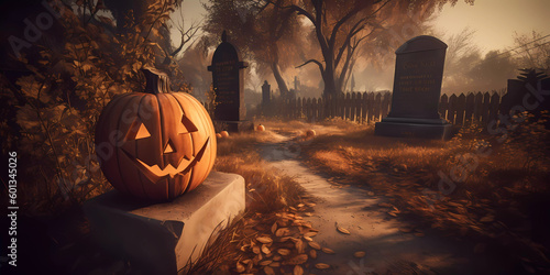 Jack-o'-lanterns at a graveyard