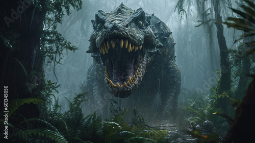 Fotografiet "A majestic tyrannosaurus hunts in the rainforest of an ancient planet earth