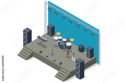 Isometric performance stage, Synthesizer analog sound, Drum kit with drums and cymbals and Acoustic and Electric Guitar Musical Instruments, and combo amp near