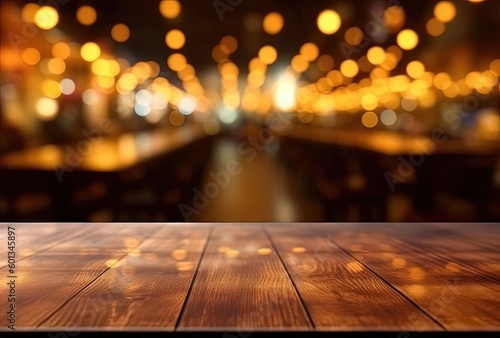 blurred wooden table under light, generative ai