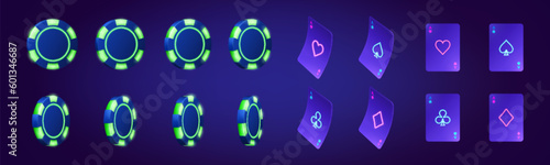 Realistic set of casino chips and ace cards isolated on blue background. Vector illustration of neon color gambling items turning around. Online betting app design elements. Animation spread sheet