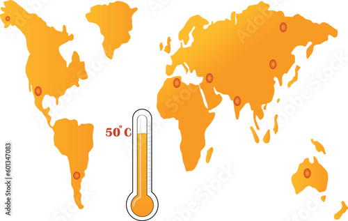 World map with hot temperature icon. Worlds most hot Country with thermometer icon