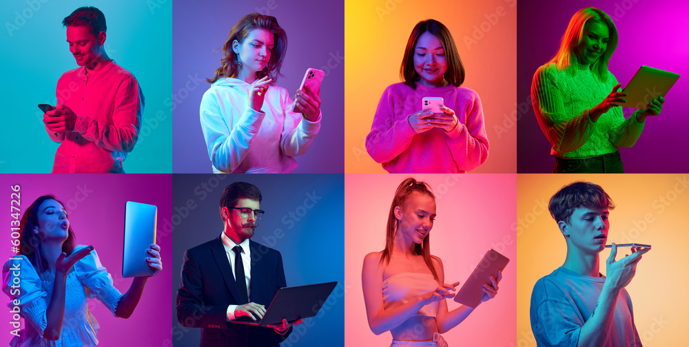 Collage. Portraits of different young people using various gadgets for work and communication over multicolored background in neon lights. Concept of human emotions, lifestyle, facial expression. Ad