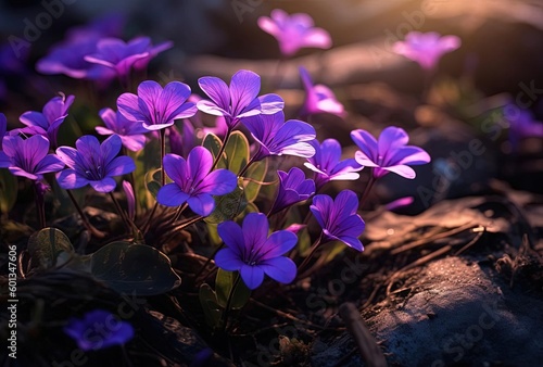 bright purple flowers are growing in the ground, generative ai