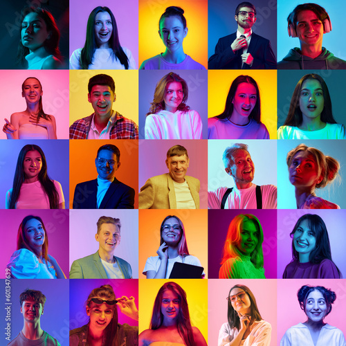 Collage made of portraits of young people of diverse age and gender posing, smiling over multicolored background in neon light. Concept of human emotions, youth, lifestyle, facial expression. Ad photo