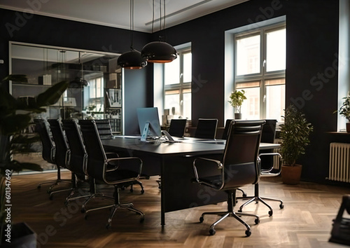an office with a conference table and black chairs