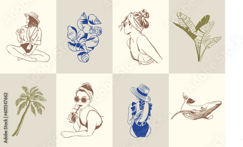 Abstract boho style flowers and female silhouettes vector illustration collection