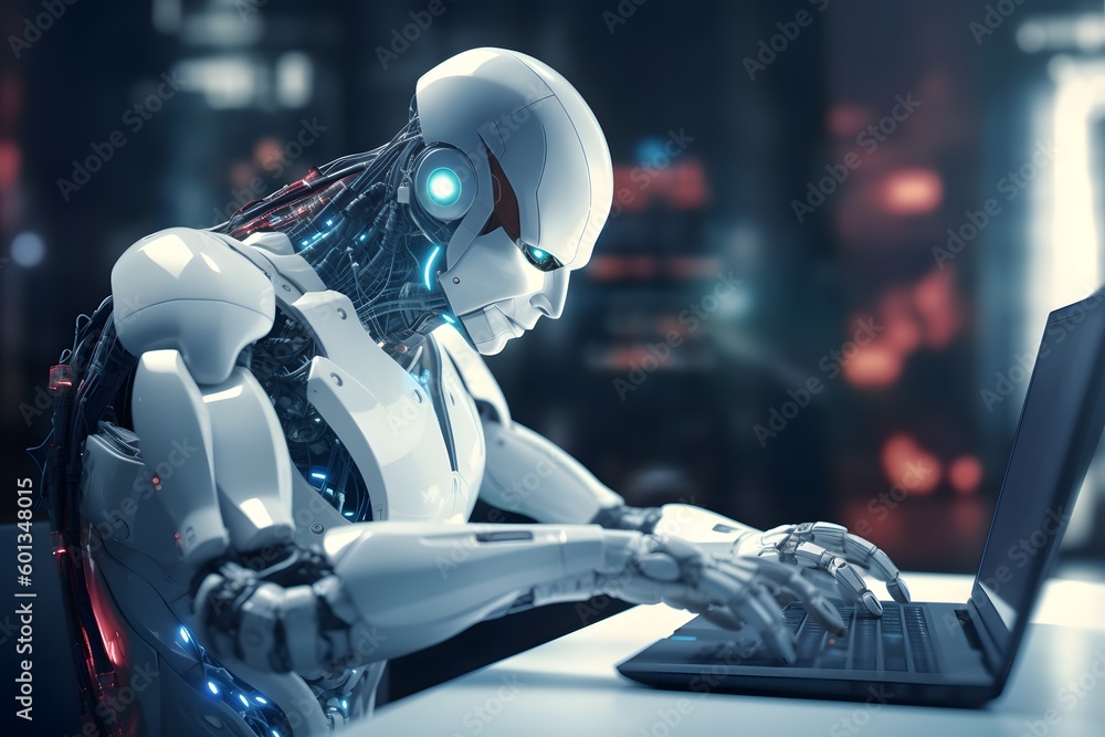modern design robot-android working at his laptop, ai tools generated image modern design robot-android working at his laptop, ai tools generated image