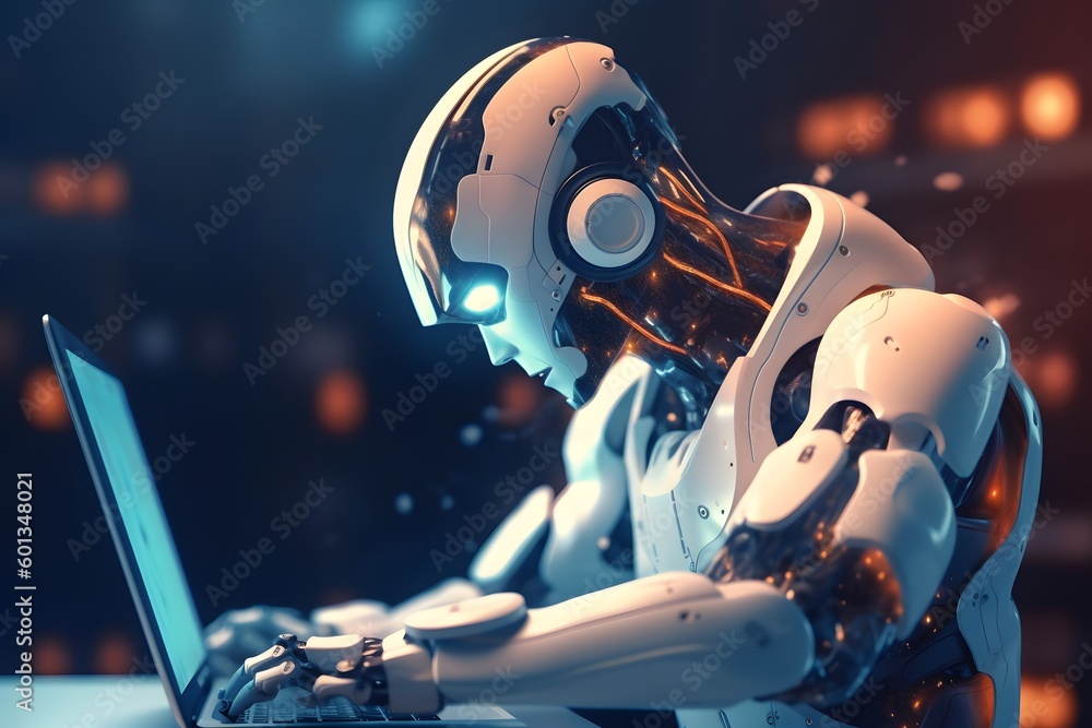 modern design robot-android working at his laptop, ai tools generated image modern design robot-android working at his laptop, ai tools generated image