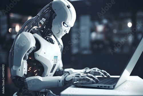 modern design robot-android working at his laptop, ai tools generated image