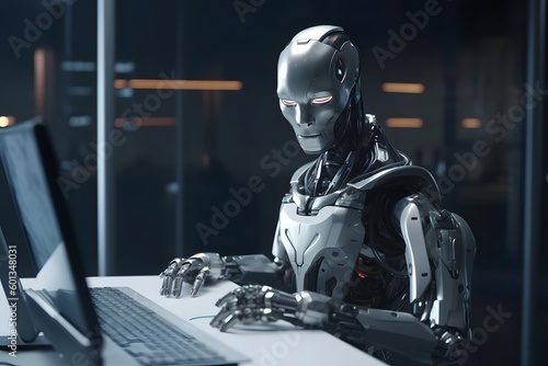 modern design robot-android working at his laptop, ai tools generated image © whitehoune