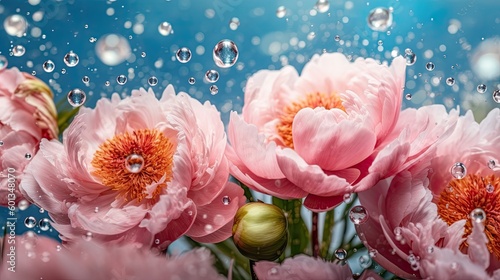 Beautiful pink peonies underwater with bubbles  for your design  AI