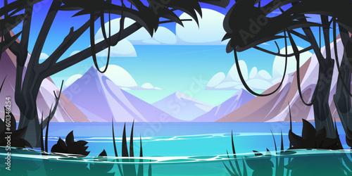Mountain landscape with river, flooded tropical forest. Vector cartoon illustration of beautiful natural background, silhouettes of trees with lianas, plants growing in water, rocks against blue sky