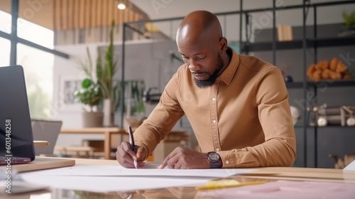 African Male Architect Working on Blueprints in Office. Generative AI.