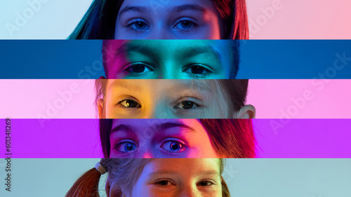 Collage made of narrow stripes with children eyes, different kids posing attentively looking over multicolored background in neon lights. Concept of human emotions, lifestyle, facial expression. Ad