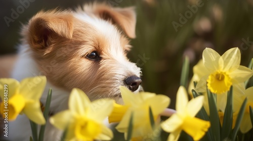 Happy pet dog puppy smelling easter daffodil flowers in nature. Spring forward, springtime background. Dog in the nature. Generative AI.