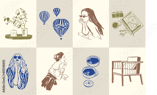 Abstract boho style flowers and female silhouettes vector illustration collection