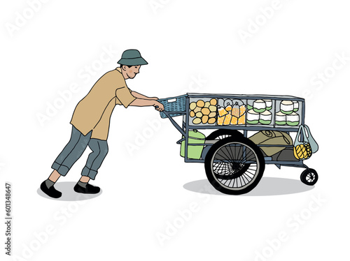 A man pushing fruit cart stall, street food in Thailand, hand drawn style vector