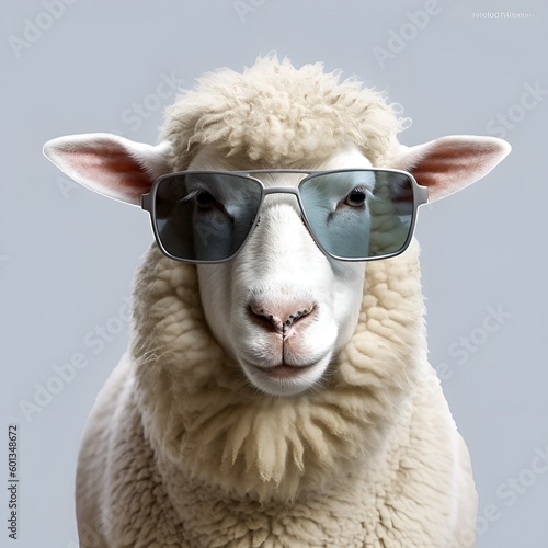 Funny sheep wearing sunglasses with white background. Generated AI.