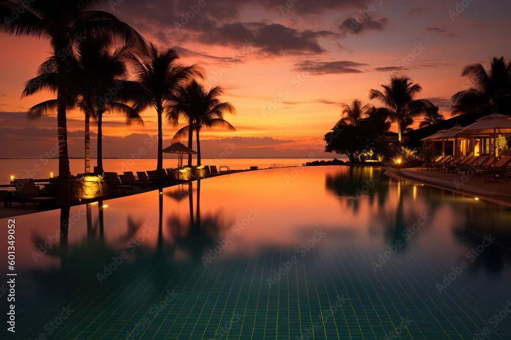 Obraz premium Sunset Adorned Infinity Pool at Luxurious Resort Amidst Tropical Foliage