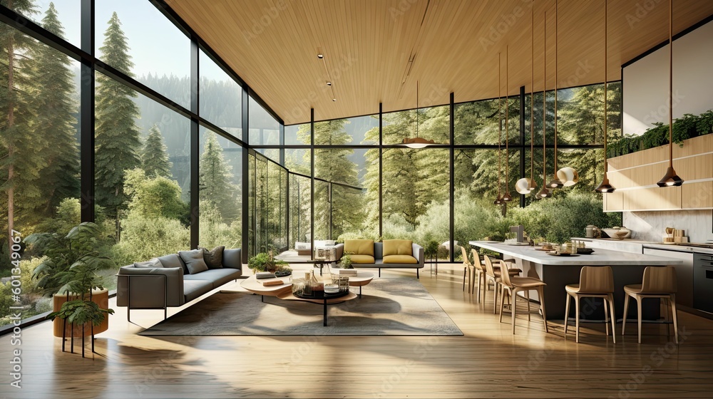 Fototapeta premium modern and luxurious open plan living room interior with kitchen and dining, views of forest and mountain, forest retreat vibe, AI rendered