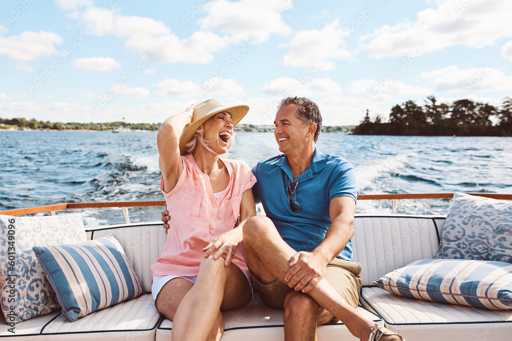 Laughing, happy couple and on a boat for retirement travel, summer freedom and holiday in Bali. Smile, love and a senior man and woman on a yacht for vacation adventure, luxury and a cruise date - obrazy, fototapety, plakaty 