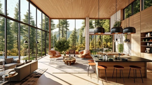modern and luxurious open plan living room interior with kitchen and dining, views of forest and mountain, forest retreat vibe, AI rendered © Kazia