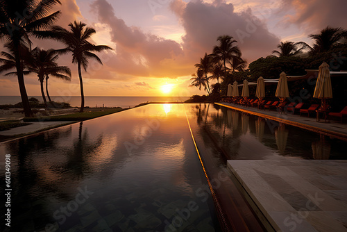 Luxurious Sunset Glow over Infinity Pool at Top-Tier Resort Amidst Tropical Foliage © Noel