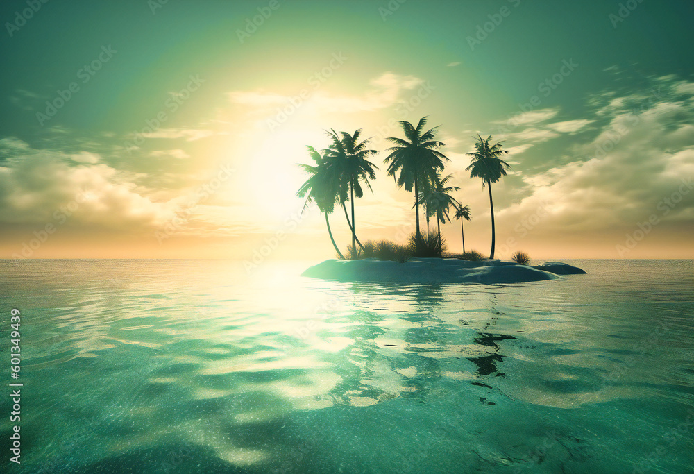a sun on a seascape with palm trees