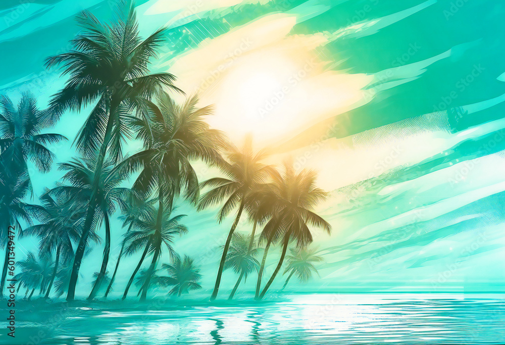 a sun on a seascape with palm trees