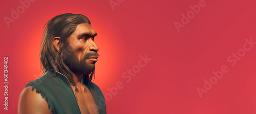 Portrait of a neanderthal man, banner with copy space. Generative ai photo