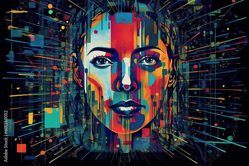 A Woman s Face with a lot of internet connection showing the overwhelmiing information humans get nowadays generative ai