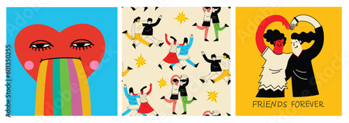 Women friends. Girlfriends spend time together, walking with friend. Powerful women standing, dancing and friendship hugging vector illustrations