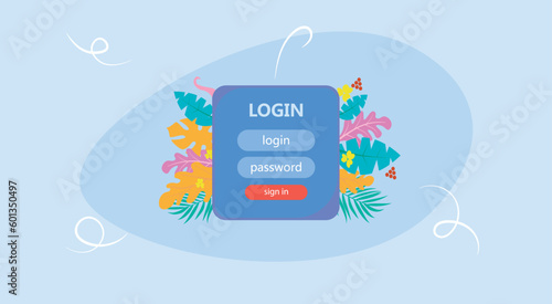 Minimalist login and password UI interface design. Sign in button. Floral decoration. Blue background. Flat style vector illustration. photo